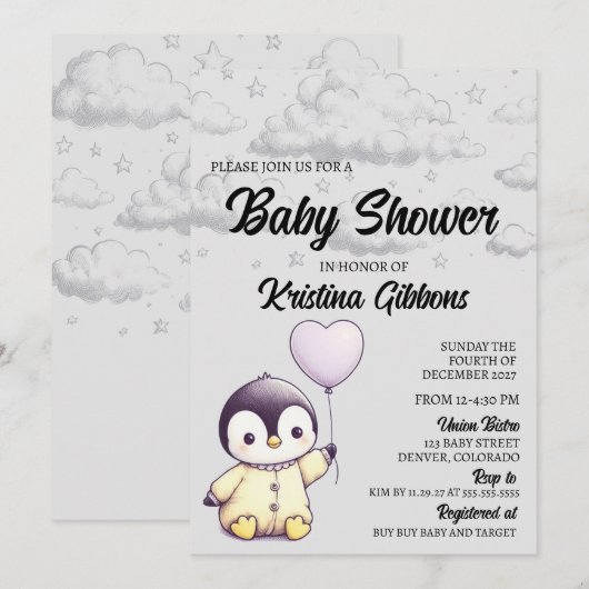 Penguin Baby shower Kaart (Voorkant / Achterkant)