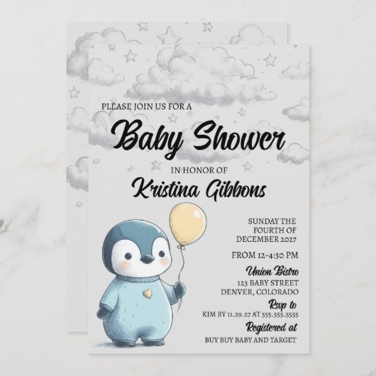 Penguin Baby shower Kaart (Voorkant / Achterkant)