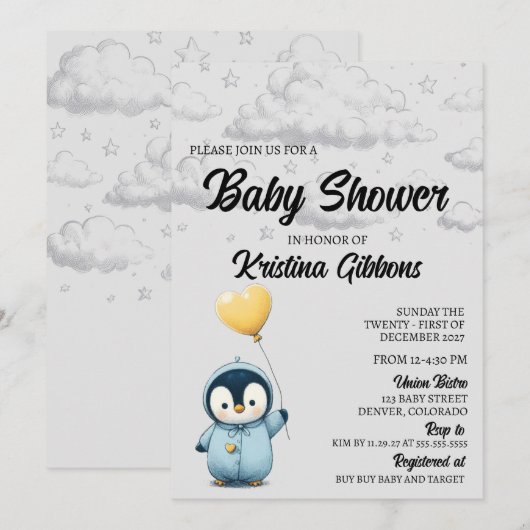 Penguin Baby shower Kaart (Voorkant / Achterkant)