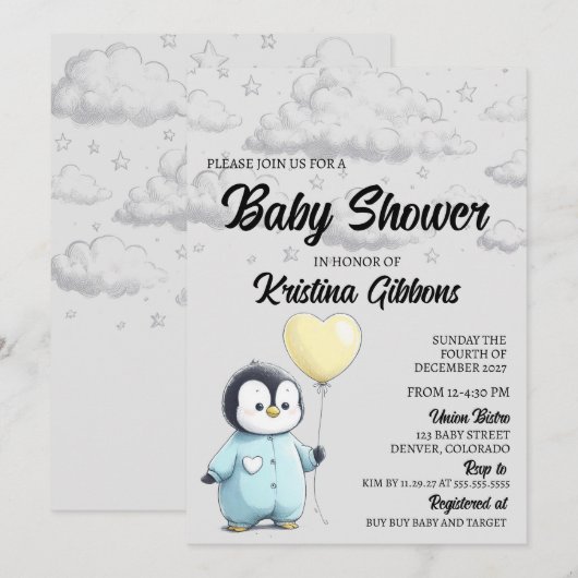 Penguin Baby shower Kaart (Voorkant / Achterkant)
