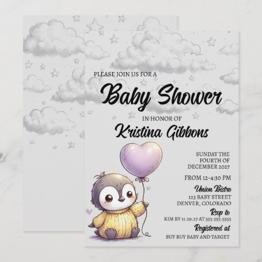 Penguin Baby shower Kaart (Voorkant / Achterkant)