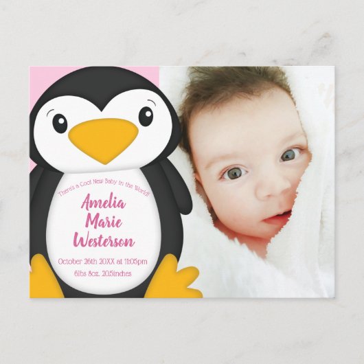 Penguin Baby shower Pink Girl Briefkaart (Voorkant)
