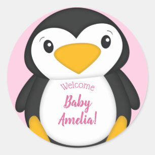 Penguin Baby shower Pink Girl Ronde Sticker