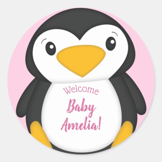 Penguin Baby shower Pink Girl Ronde Sticker (Voorkant)