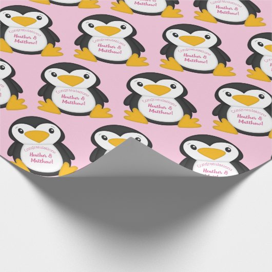 Penguin Baby shower Roze Cadeaupapier (Hoek)