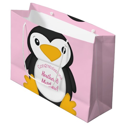 Penguin Baby shower Roze Groot Cadeauzakje (Voorkant Gekanteld)