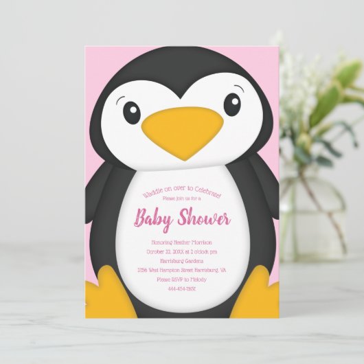 Penguin Baby shower Roze Kaart (Staand voorkant)