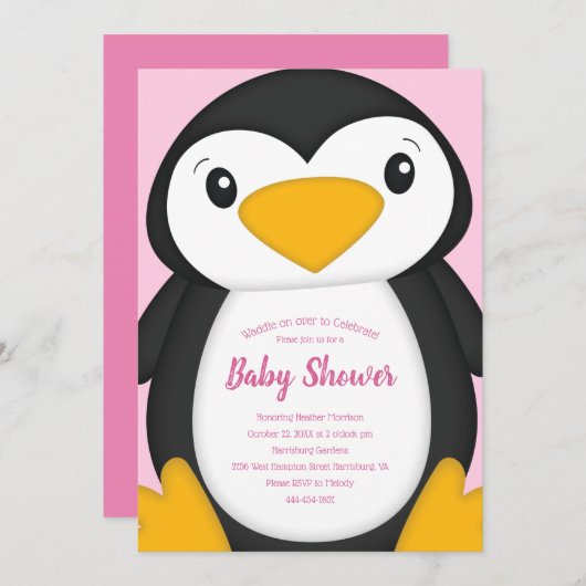 Penguin Baby shower Roze Kaart (Voorkant / Achterkant)