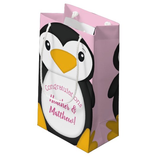 Penguin Baby shower Roze Klein Cadeauzakje (Achterkant Gekanteld)