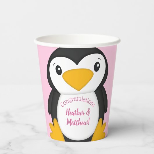 Penguin Baby shower Roze Papieren Bekers (Achterkant)