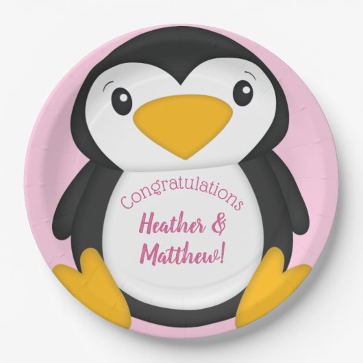 Penguin Baby shower Roze Papieren Bordje (Voorkant)