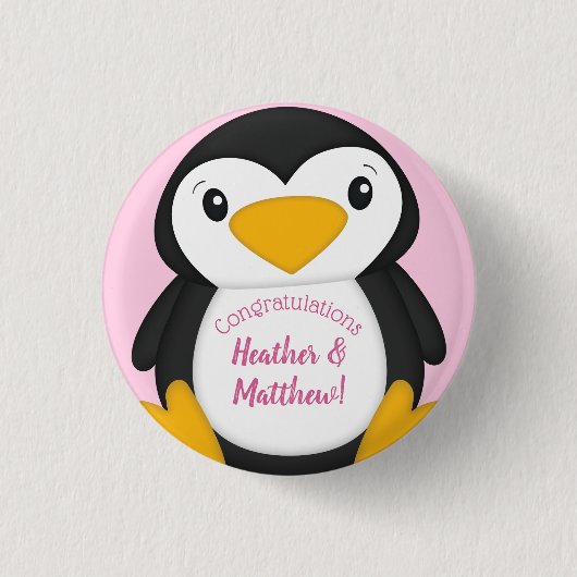 Penguin Baby shower Roze Ronde Button 3,2 Cm (Voorkant)