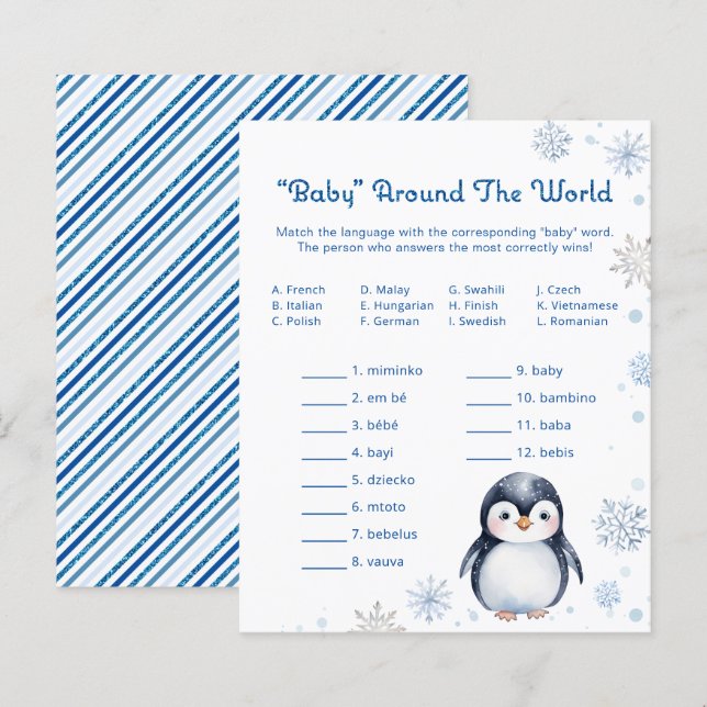 Penguin Baby shower spel – Baby rond de wereld (Voorkant / Achterkant)