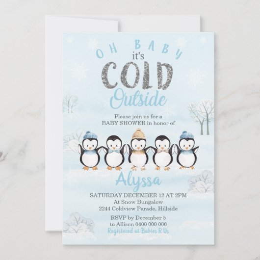 Penguin Baby shower Uitnodiging Winter Baby shower (Voorkant)