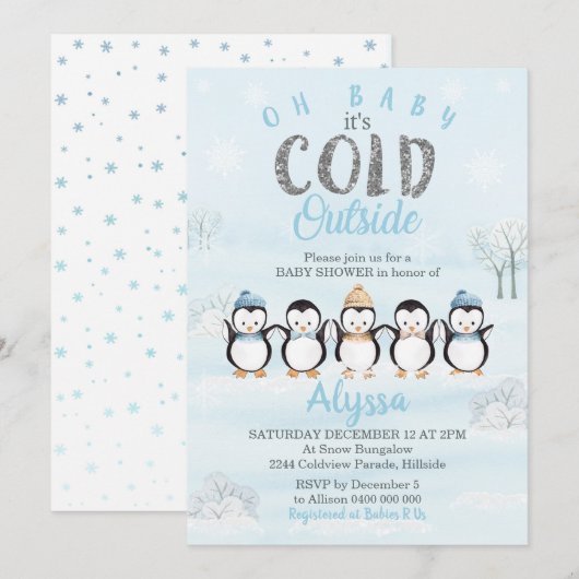 Penguin Baby shower Uitnodiging Winter Baby shower (Voorkant / Achterkant)