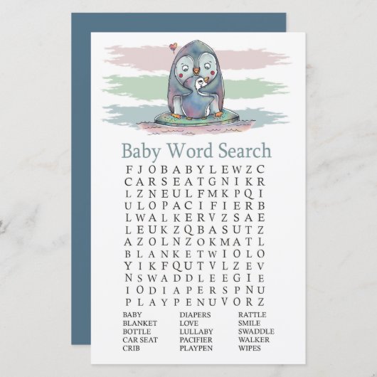Penguin Baby shower Word Search Game (Voorkant / Achterkant)