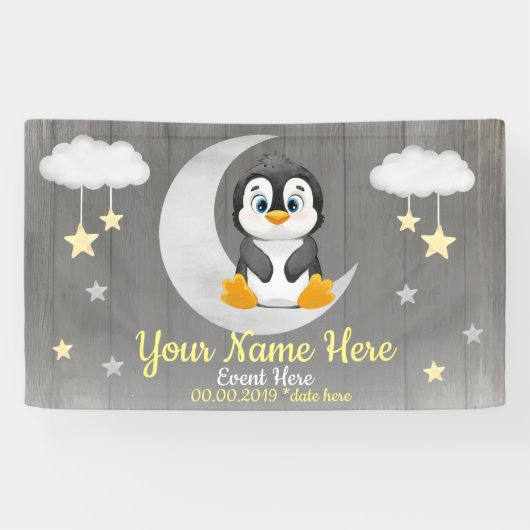 Penguin Backdrop Moon Stars Yellow Name Banner (Horizontaal)