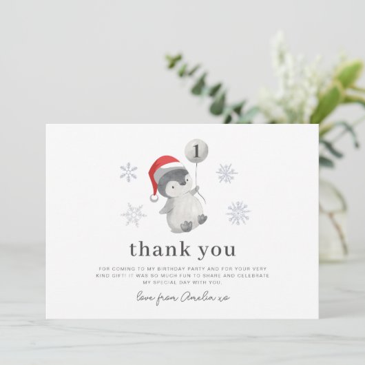 Penguin Ballon 1e Verjaardag - Dank u kaart (Staand voorkant)