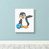 Penguin bij Bowling met Bowling-bal Canvas Afdruk (Insitu (Houten vloer))
