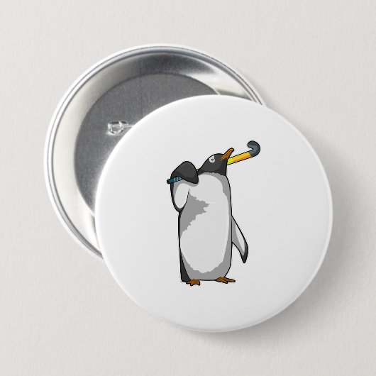 Penguin bij Hockey met Hockey stick Ronde Button 7,6 Cm (Voorkant /achterkant)