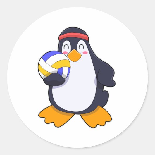 Penguin bij volleybalsport ronde sticker (Voorkant)