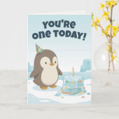 Penguin Birthday | Custom First Birthday Kaart (Gele Bloem)