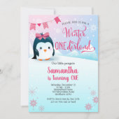 Penguin Birthday Invitation, Winter Onederland Kaart (Voorkant)