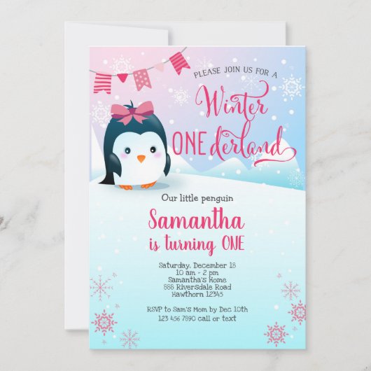 Penguin Birthday Invitation, Winter Onederland Kaart (Voorkant)
