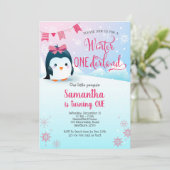 Penguin Birthday Invitation, Winter Onederland Kaart (Staand voorkant)
