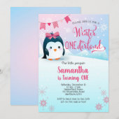 Penguin Birthday Invitation, Winter Onederland Kaart (Voorkant / Achterkant)