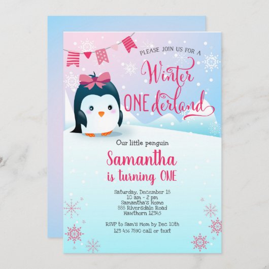 Penguin Birthday Invitation, Winter Onederland Kaart (Voorkant / Achterkant)