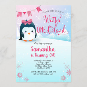 Penguin Birthday Invitation, Winter Onederland Kaart