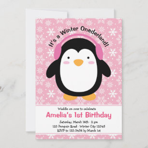 Penguin Birthday Invitations (Roze voor meisjes) Kaart