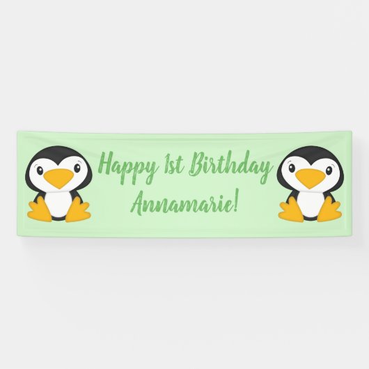 Penguin Birthday Party Green Spandoek (Horizontaal)