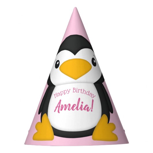 Penguin Birthday Party roze Feesthoedjes (Voorkant)