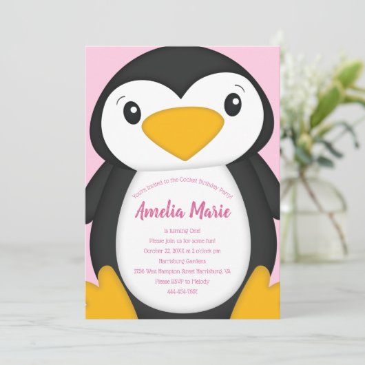 Penguin Birthday Party roze Kaart (Staand voorkant)