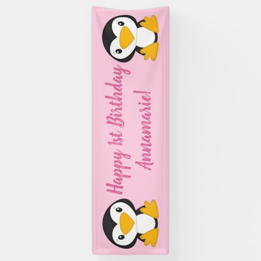 Penguin Birthday Party roze Spandoek (Verticaal)