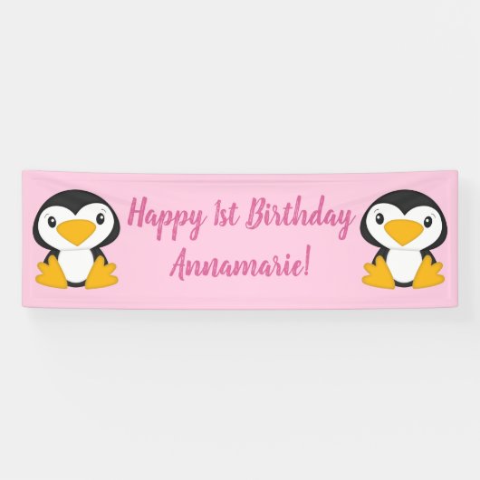 Penguin Birthday Party roze Spandoek (Horizontaal)
