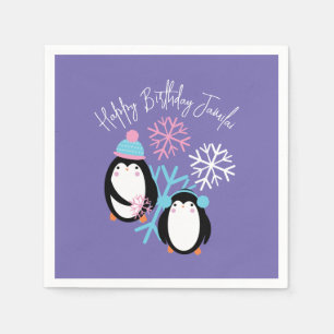 Penguin Birthday Snowflakes Pink Blue Winter Servet
