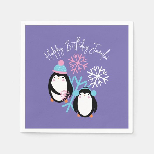 Penguin Birthday Snowflakes Pink Blue Winter Servet (Voorkant)