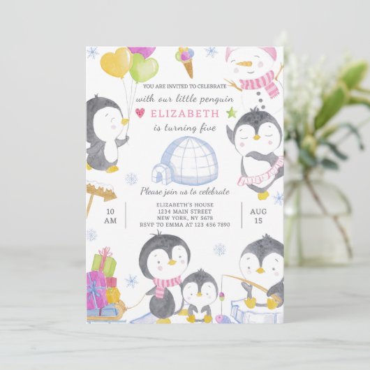 Penguin Birthday Uitnodiging (Staand voorkant)