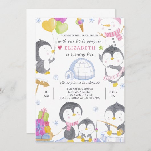 Penguin Birthday Uitnodiging (Voorkant / Achterkant)