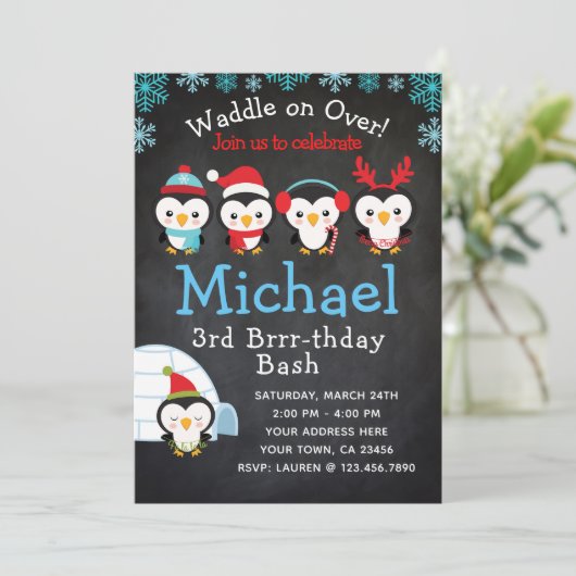 Penguin Birthday Uitnodiging (Staand voorkant)