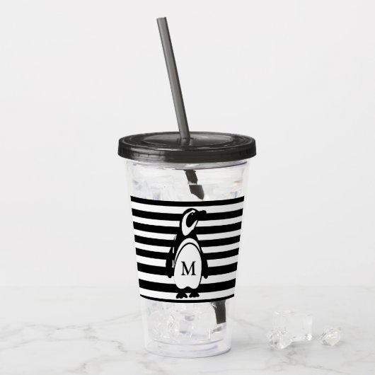 Penguin Black en White Striped Monogram Acryl Drinkbeker (Voorkant ijs)