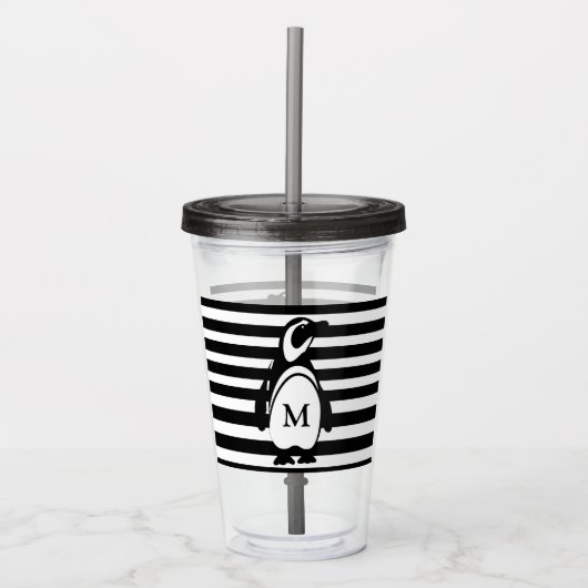 Penguin Black en White Striped Monogram Acryl Drinkbeker (Voorkant)