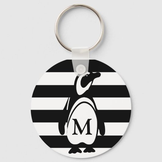 Penguin Black en White Striped Monogram Sleutelhanger (Voorkant)
