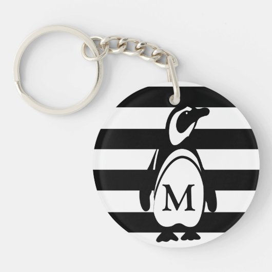 Penguin Black en White Striped Monogram Sleutelhanger (Voorkant)