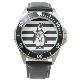 Penguin Black en White Stripes Monogram Modern Horloge