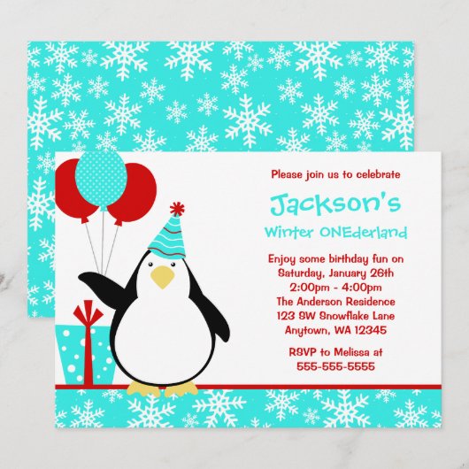 Penguin Blauwgroen Snowflakes Winter Onederland Bi Kaart (Voorkant / Achterkant)