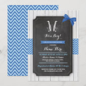 Penguin Blue Baby shower Party Boy Wood Invite Kaart (Voorkant / Achterkant)